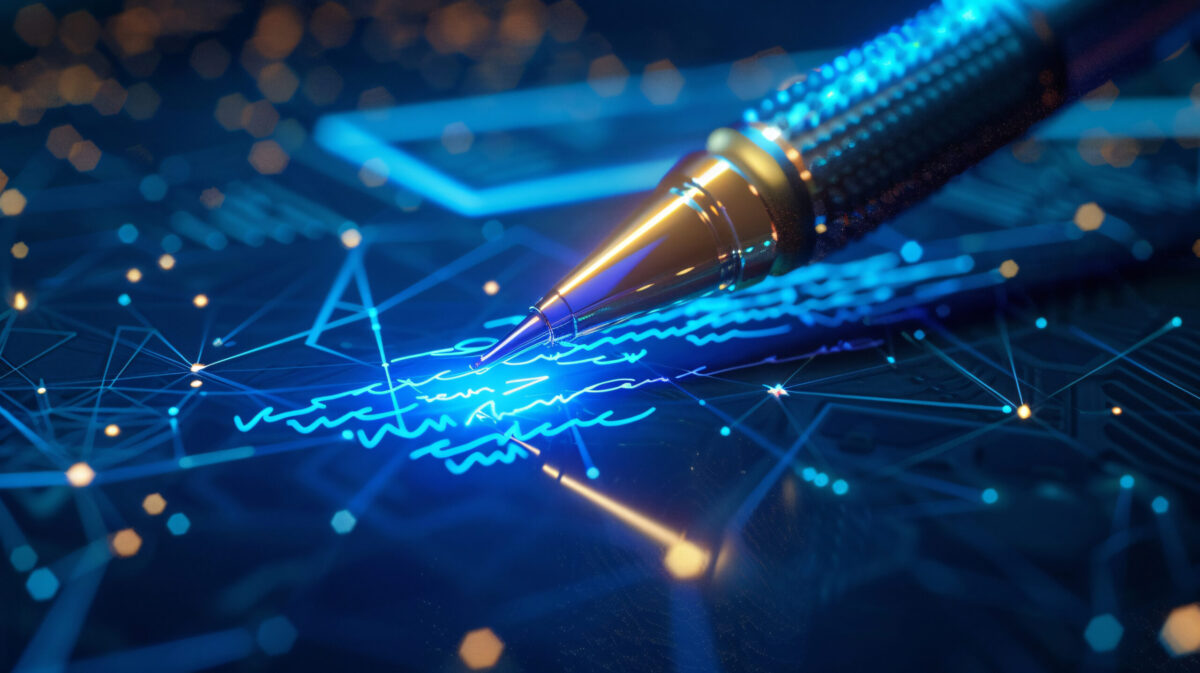 A glowing pen signing a digital document, symbolizing the security and efficiency of digital signatures