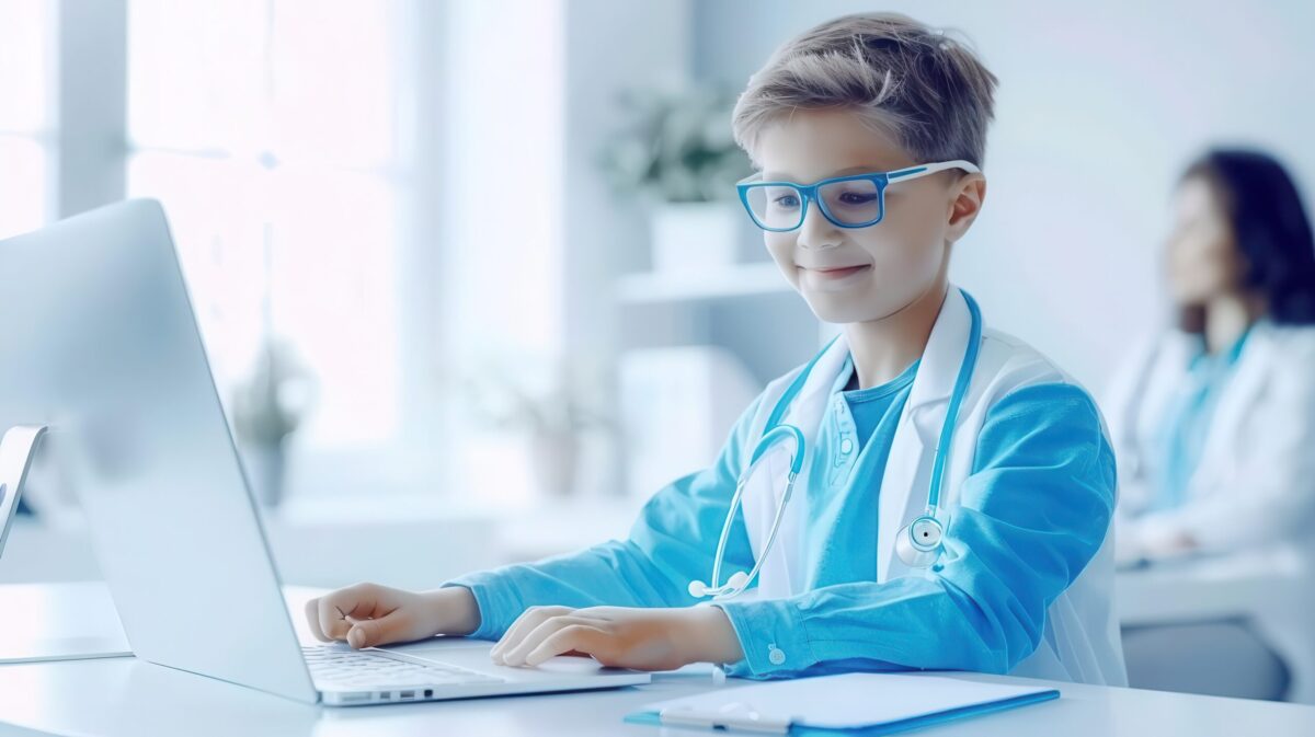 Pediatric telemedicine check-up with child and parent, Telemedicine, remote child healthcare