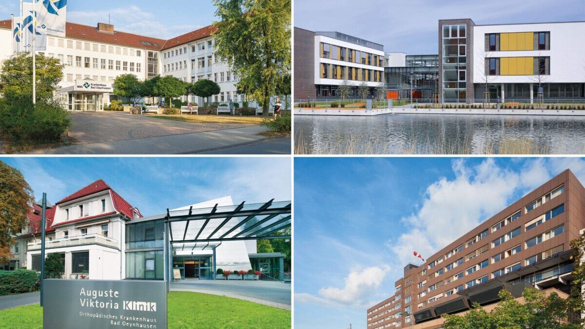 Collage mit vier Krankenhausgebäuden