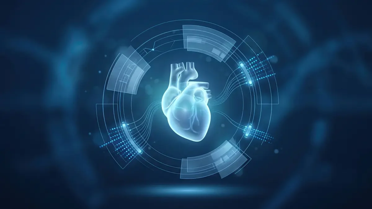 A digital illustration of a heart with technology elements, representing health and innovation in the medical field.